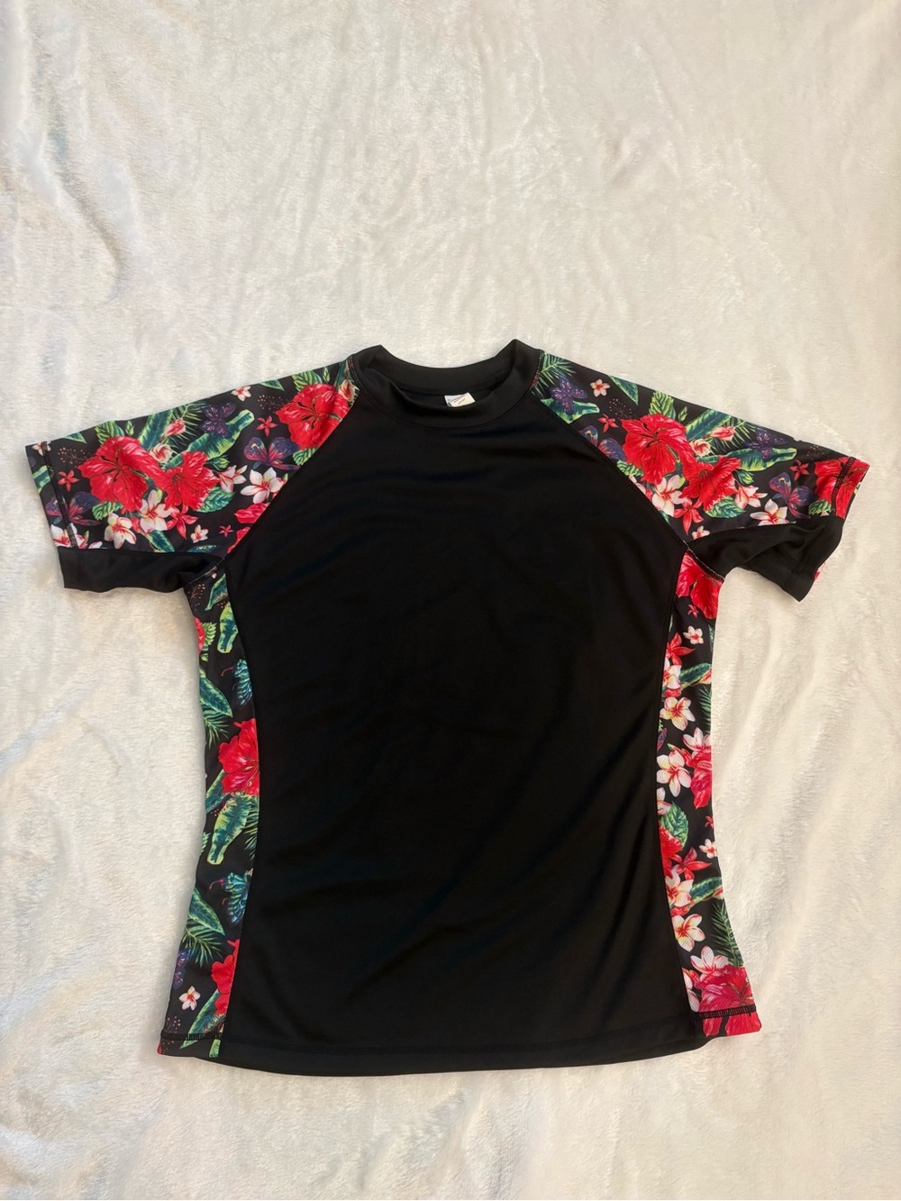 Black Rash Guard with Tropical Floral Panels